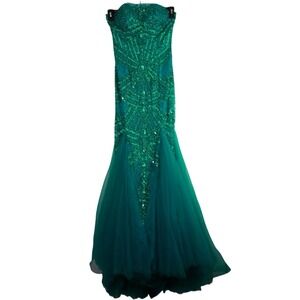 Sherri Hill Teal Beaded Bodice Mermaid Gown Tulle Skirt Size 0 XS